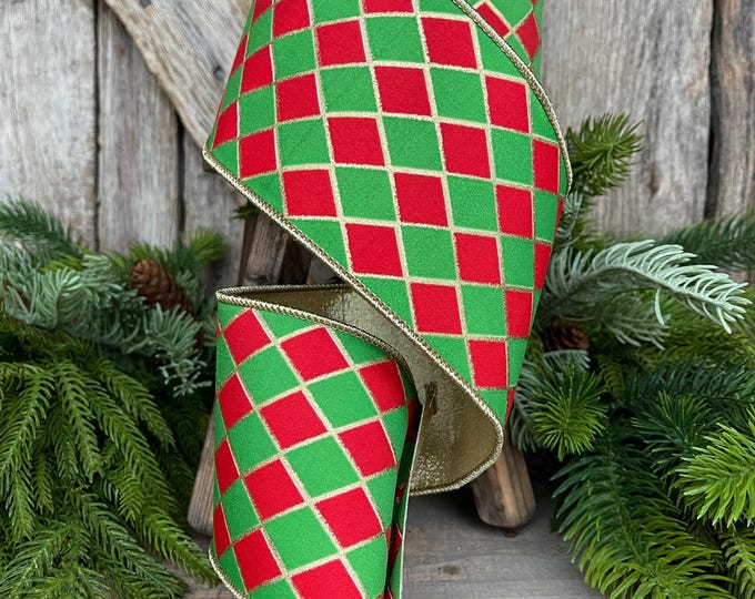 4" Red and Green Harlequin Ribbon, Christmas Ribbon, Harlequin Ribbon, Red Green Ribbon, Wired RIbbon, Designer Ribbon, 94562W-592-10D