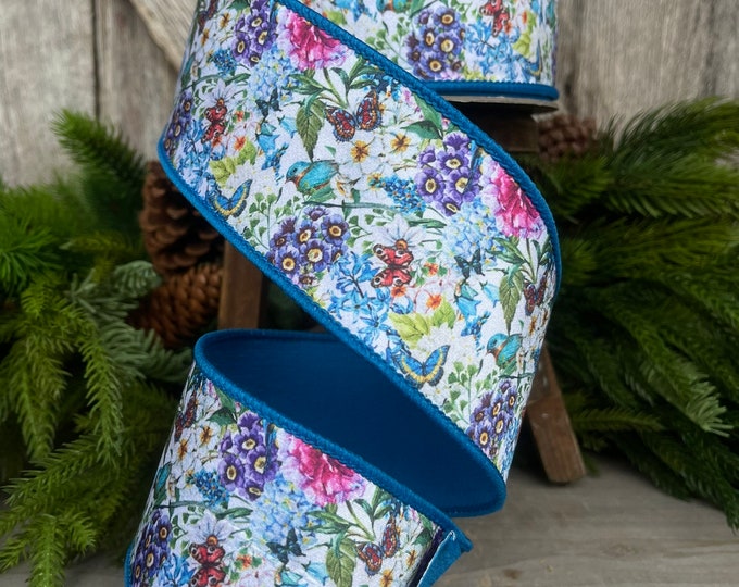 2.5" Blue Floral Garden Ribbon, Farrisilk Ribbon, Spring Ribbon, Summer Ribbon, Butterfly Ribbon, Turquoise Ribbon, RK260-32, Wreath Ribbon