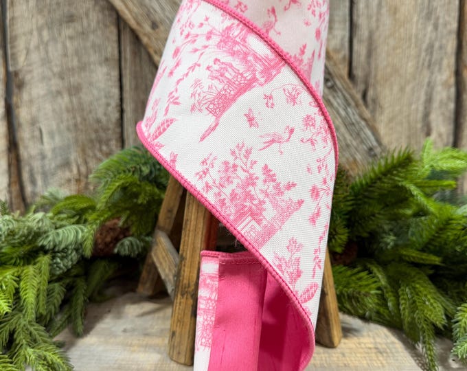 4" Pink Chinoiserie Ribbon, Pink and White Chinoiserie Ribbon, Wired RIbbon, Designer RIbbon