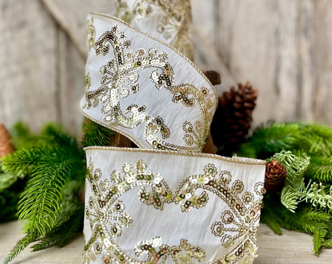 Champagne Gold Sequin Ribbon, 4 inch Wired Christmas Ribbon, Ivory and Gold Sequin Ribbon, 5 Yards