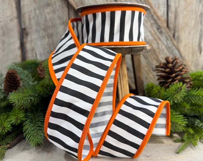 2.5" Halloween Ribbon, Striped Ribbon, Orange Ribbon, Wired Ribbon, Black White Stripe Halloween Ribbon