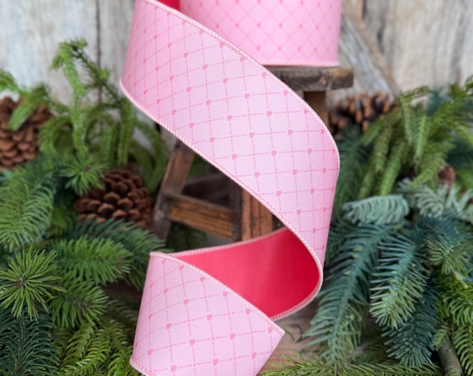 2.5" Pink Heart Lattice Ribbon, Farrsilk Ribbon, Valentine Ribbon, Pink Heart Ribbon, Light Pink Ribbon, RS068-14