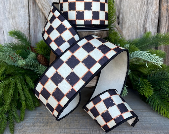 2.5" Black White Galery Checkered Ribbon, Wired Ribbon, Farrisilk Ribbon, Black White Check Ribbon, SR008-92