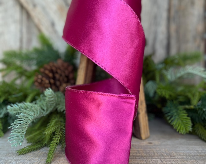 4" Hot Pink Satin Ribbon, Christmas Ribbon, Shimmer Satin Ribbon, Wired Ribbon, Hot Pink Ribbon