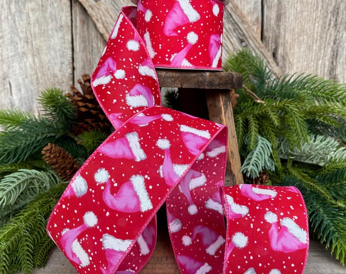 2.5" Pink Santa Hat Ribbon, Red & Pink Ribbon, Christmas Ribbon, Bubblegum Pink Ribbon, Pink Santa Ribbon, 72501-40-12