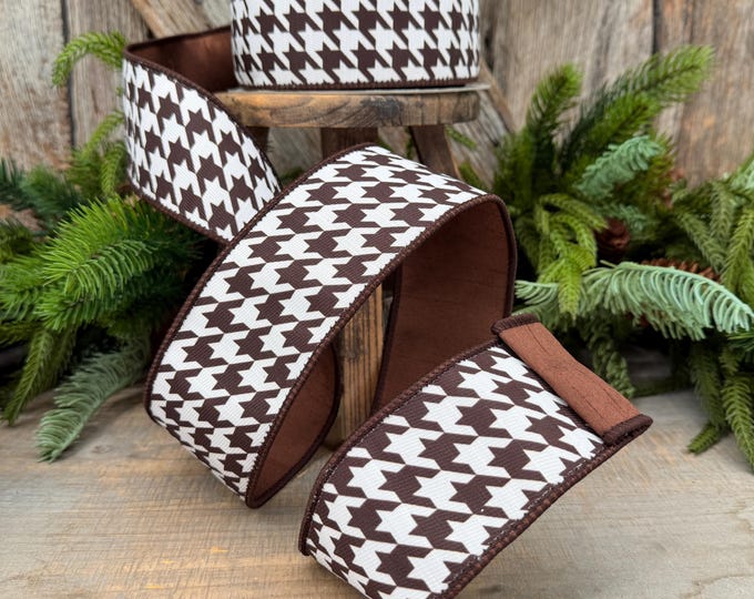 2.5" Brown and White Houndstooth Wired Ribbon – 10 Yards