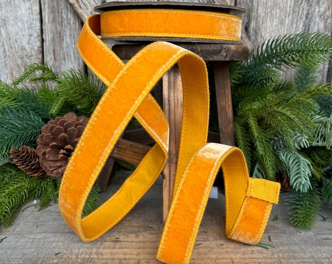 1" Golden Yellow Ribbon, Wired Velvet Ribbon, Honey Golden Velvet