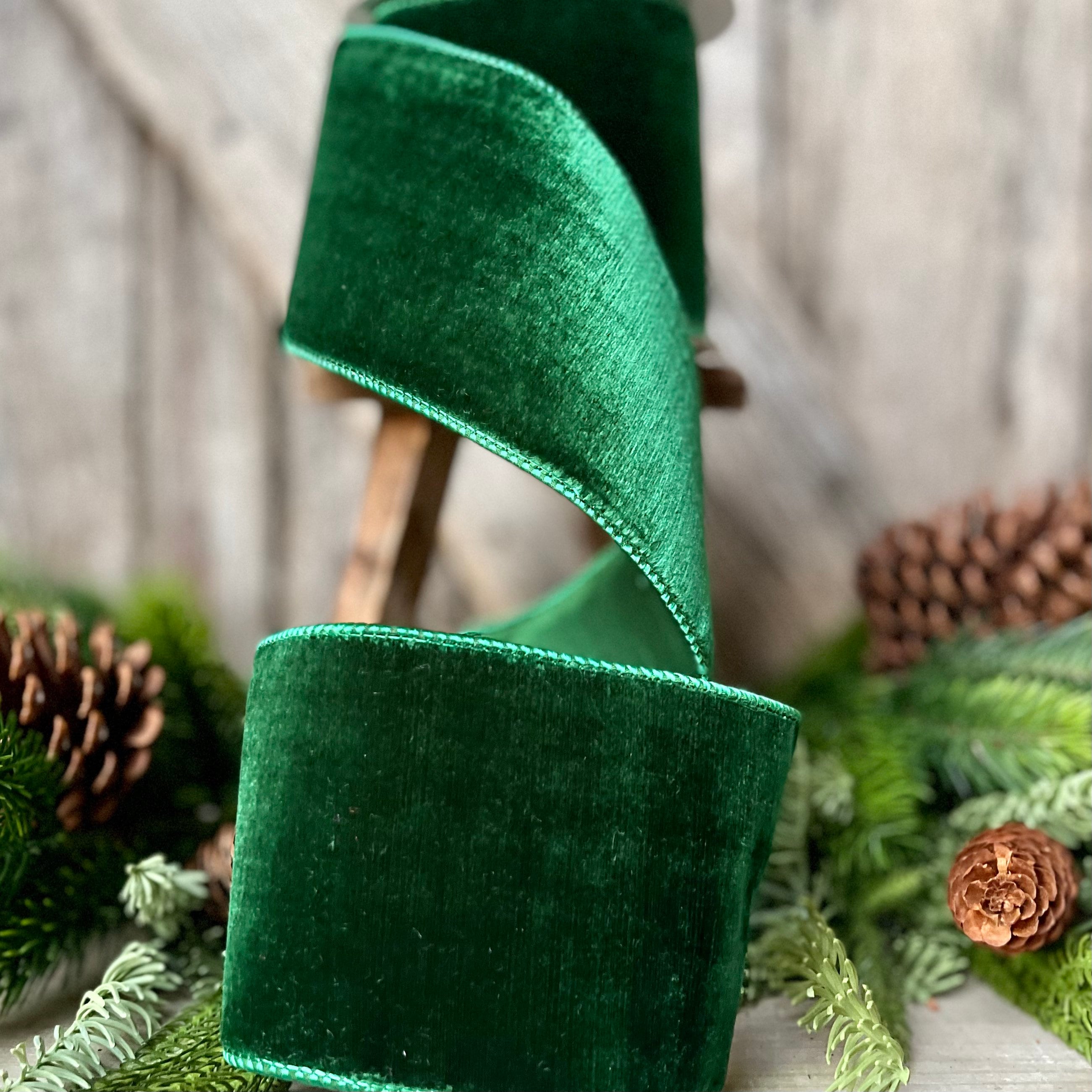 4 Emerald Velvet, Christmas Tree Ribbon, Green Velvet Ribbon, Dark Green Ribbon, wired ribbon