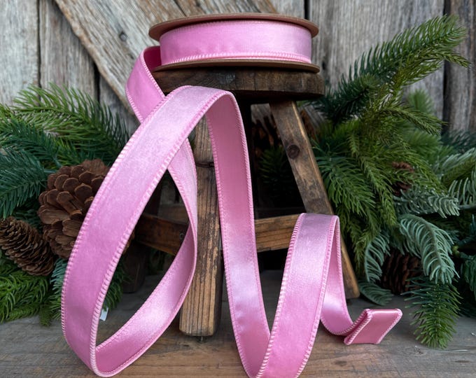1" Pink Velvet Ribbon, Pink Velvet Ribbon, Wired Ribbon, Christmas Ribbon, Pink Christmas RIbbon