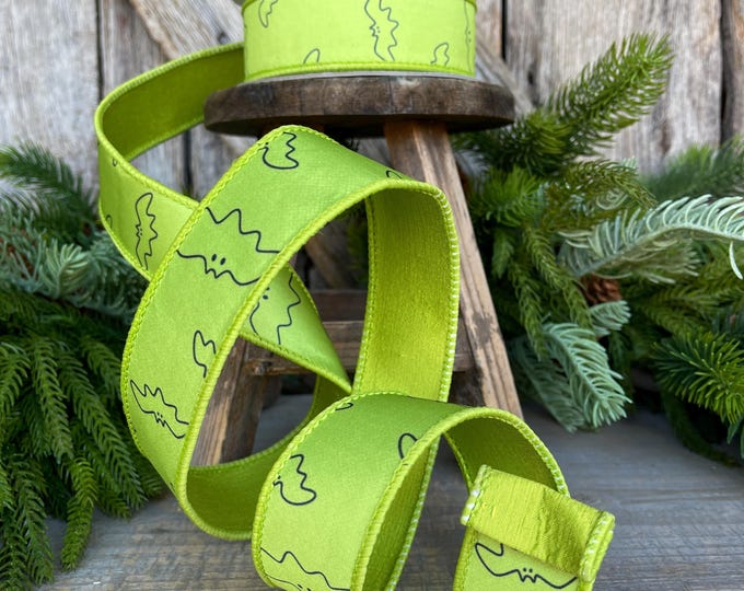 1.5" Lime Green Bat Ribbon, Farrisilk Ribbon, Halloween Ribbon, Green Halloween Ribbon, green and Black Halloween, Wired Ribbon, HR051-61