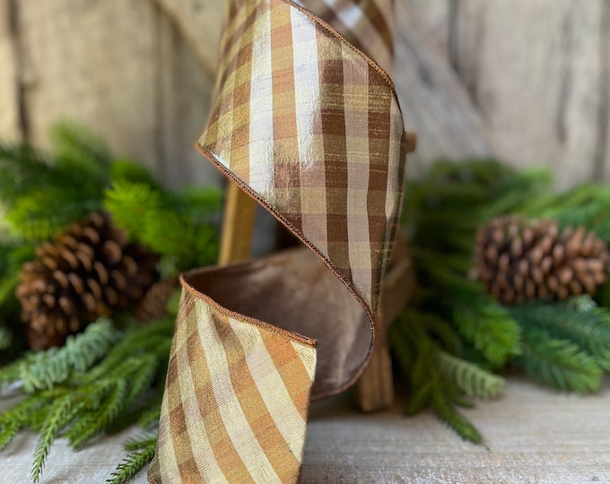 4" Platinum Bronze Metallic Checks, Farrisilk Ribbon, Fall Ribbon, Woodsy Ribbon, Woodsy Christmas, Brown RIbbon, Platinum Brown Ribbon