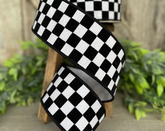 2.5" Black and White Retro Checks Ribbon, Farrisilk Ribbon, Flocked Ribbon,Halloween Ribbon, Wired RIbbon,Designer Ribbon, Wreath, RK589-92