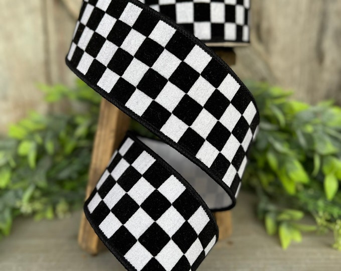 2.5" Black and White Retro Checks Ribbon, Farrisilk Ribbon, Flocked Ribbon,Halloween Ribbon, Wired RIbbon,Designer Ribbon, Wreath, RK589-92