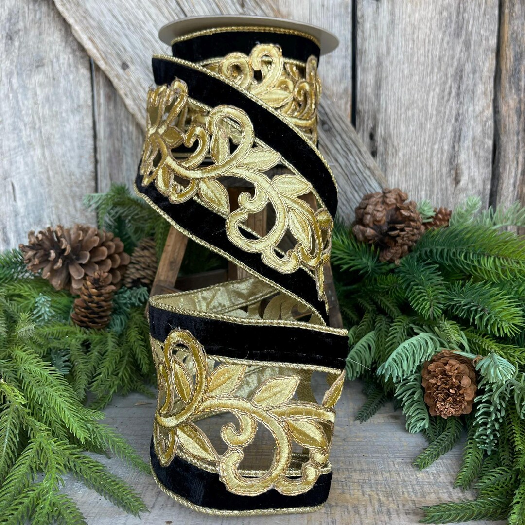 4 Black Gold Embroidered Lancet Ribbon, Farrisilk Ribbon, Christmas ...