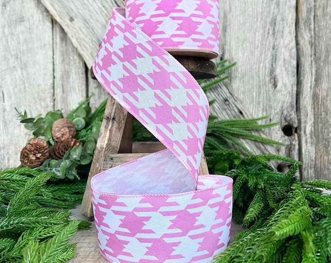 2.5" Pink Herringbone Ribbon, Pink Wired RIbbon, White Pink Ribbon, Houndstooth Ribbon, Pink Christmas Ribbon