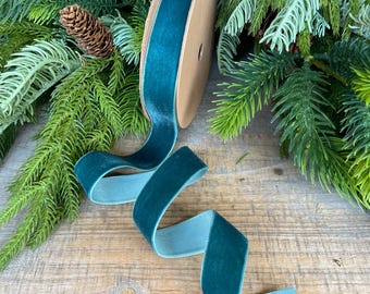 1" Teal Unwired Velvet Ribbon, Christmas Bow Ribbon, Peacock Velvet Ribbon, Christmas Tree Ribbon