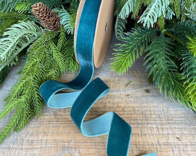 1" Teal Unwired Velvet Ribbon, Christmas Bow Ribbon, Peacock Velvet Ribbon, Christmas Tree Ribbon