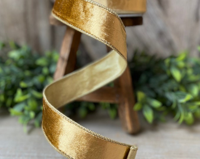 1.5" Gold velvet Ribbon, Farrisilk ribbon, Gold Christmas Ribbon, 1.5" x 10yds