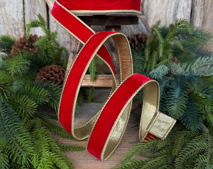 1" Red Flashy Velvet Ribbon, Red Gold Velvet Ribbon, Farrisilk Ribbon, Christmas Ribbon, RG063-02