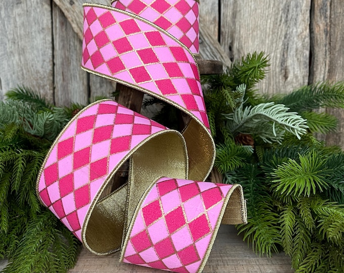 2.5" Pink Harlequin Ribbon, Wired Ribbon, Designer Ribbon, 2 Tone Pink Ribbon, Diamond Ribbon, 94562W-372-40D