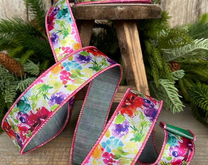 1.5" Floral Ribbon, wired Ribbon, Spring Ribbon, Summer Ribbon, Pink Floral Ribbon, Designer Ribbon, 94546W-001-09F