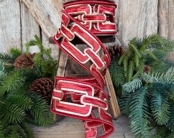 2.25" Red Christmas Chain Ribbon, Farrisilk Ribbon, Red Christmas Ribbon, RJ020-02