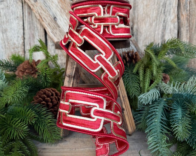 2.25" Red Christmas Chain Ribbon, Farrisilk Ribbon, Red Christmas Ribbon, RJ020-02