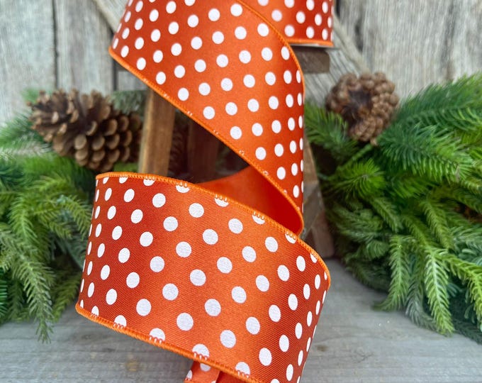 2.5" Orange & White Mini Dots, Farrisilk Ribbon, Polka Dot RIbbon, Wired Ribbon, Designer RIbbon, Halloween Ribbon, Easter Ribbon, RD868-52