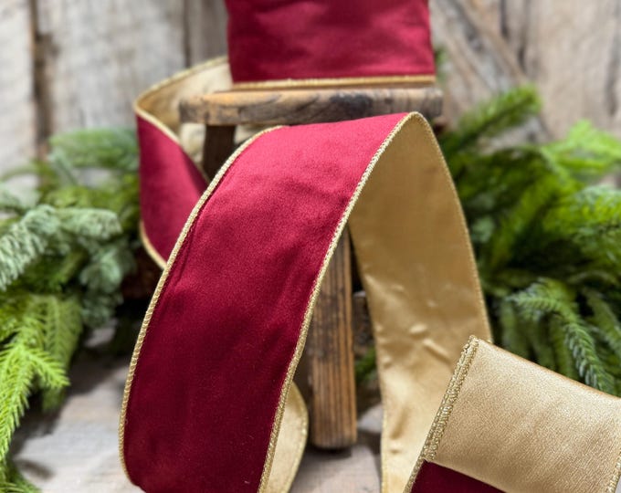 2.5" Burgundy Gold Velvet Ribbon, Burgundy Velvet Ribbon, Christmas RIbbon, Red and Gold Velvet Ribbon, Designer Ribbon, Gift Wrap Ribbon