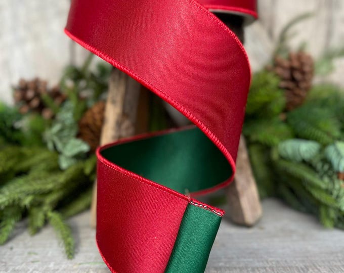 2.5 Red Green Satin Duo Ribbon, Farrisilk Ribbon, Christmas Ribbon, Double Sided Ribbon, Wired RIbbon, Designer Ribbon, RS163-48