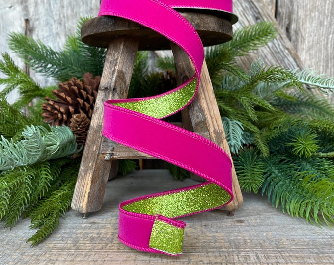 1" Hot Pink Lime Green Ribbon, Farrisilk Ribbon, Hot Pink Ribbon, Narrow Ribbon, Wired RIbbon, Christmas Ribbon, Fusion Ribbon, RS200-15