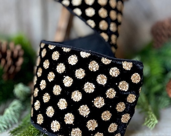 4" Black and Gold Chunky Glitter Polka Dots, Christmas Tree Ribbon, Black and Gold Ribbon, Black Velvet with gold dots, Christmas Decor