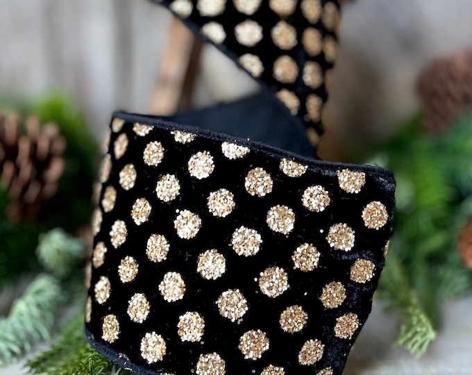 4" Black and Gold Chunky Glitter Polka Dots, Christmas Tree Ribbon, Black and Gold Ribbon, Black Velvet with gold dots, Christmas Decor
