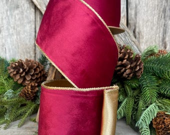 4" Burgundy Gold Velvet Ribbon, Burgundy Velvet Ribbon, Christmas RIbbon, Red and Gold Velvet Ribbon, Designer Ribbon, Gift Wrap Ribbon