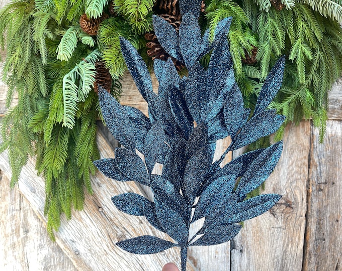 23" Navy Blue Bay Leaf Glitter Spray, Burgundy Blue Spray, Christmas Leaf Spray