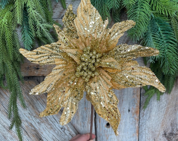 16" Gold Poinsettia Stem, Christmas Tree Stem, Gold Christmas Tree Flower, Seasonal Decor, Gold Christmas Flower