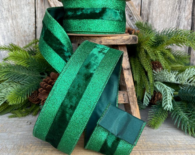 2.5" Emerald Green Velvet Ribbon, Vlevet Glitter Stripe Ribbon, Christmas Ribbon