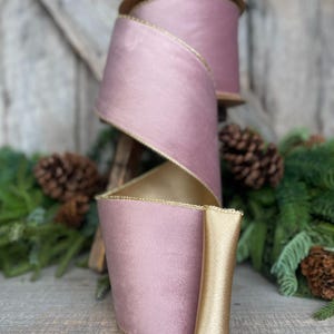 4" Dusty Pink Velvet Ribbon, Pink & Gold Velvet Ribbon, Wired Ribbon, Christmas Ribbon, Pink Christmas RIbbon, Dusty Rose Velvet
