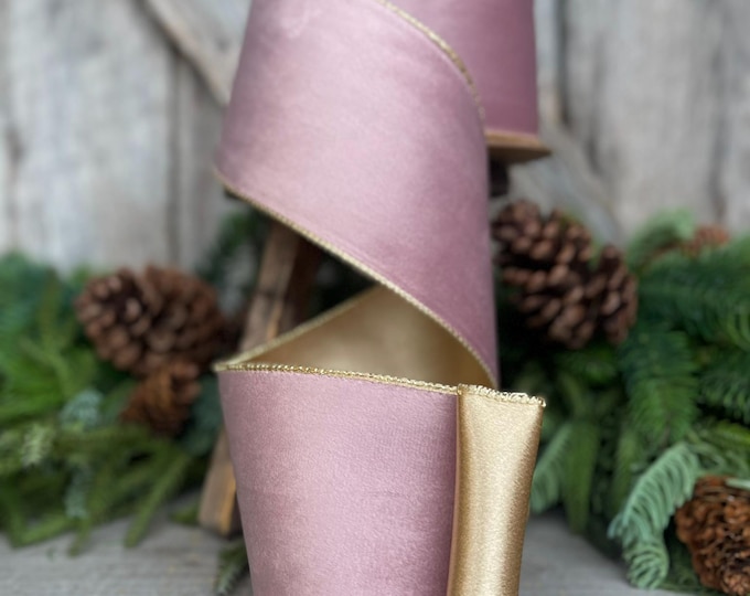 4" Dusty Pink Velvet Ribbon, Pink & Gold Velvet Ribbon, Wired Ribbon, Christmas Ribbon, Pink Christmas RIbbon, Dusty Rose Velvet