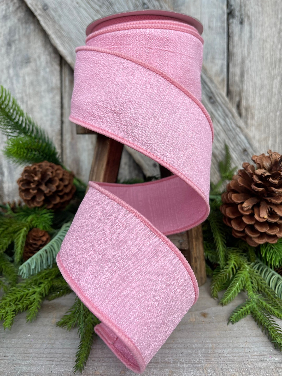 Pink Ribbon Xmas 2.5 Pink Shabby Silk Ribbon, Farrisilk Ribbon, Wired Ribbon, Christmas ...