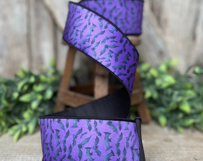 2.5" Purple Bats Wired Ribbon by Farrisilk, Halloween Ribbon, Purple and Black Ribbon, Wired Ribbon, Halloween Wreath Ribbon, Wreath Supply