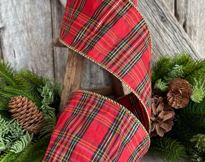 4" Red Christmas Plaid, Woodsy Christmas Ribbon, Christmas Plaid Ribbon, Red and Gold Plaid, Wired Ribbon, Red Plaid Ribbon, Seasonal Decor