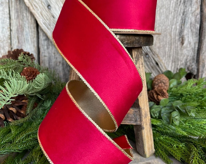 2.5" Red Gold Velvet Ribbon, Red Velvet Ribbon, Christmas RIbbon, Red and Gold Velvet Ribbon, Designer Ribbon, Gift Wrap Ribbon, Christmas