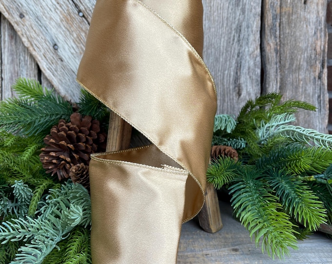 4" Gold Satin Ribbon, Christmas Ribbon, Shimmer Satin Ribbon, Wired Ribbon, Gold Ribbon