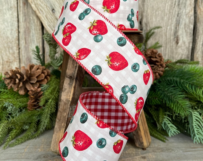 2.5" Strawberry Blueberry Ribbon, Wired Ribbon, Spring Ribbon, Summer Ribbon, Strawberry Decor, Red Blue Ribbon, 4401W-250-63E
