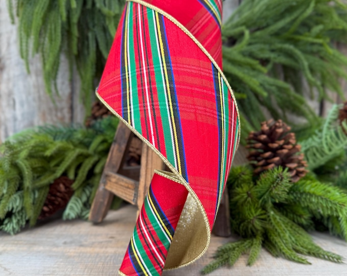 4" Traditional CHristmas Plaid, Wired Ribbon, Red Blue Chirstmas Plaid RIbbon, RIbbon for Treee, Christmas Plaid