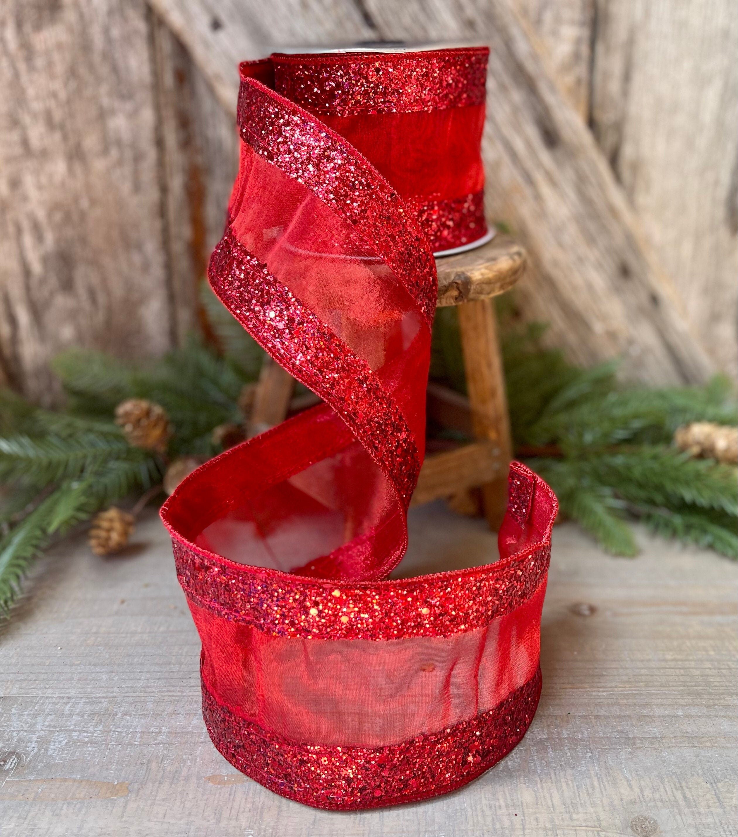 Red Chunky Glitter Borders, 4 inch red ribbon, Christmas tree ribbon ...