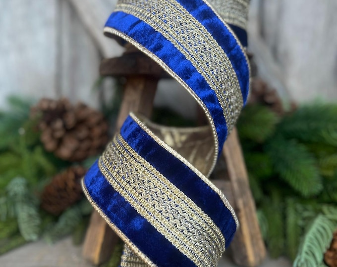2.5" Blue and Gold Trim Ribbon, Royal Blue Ribbon, Wired Ribbon, Blue Christmas Ribbon, Jeweled RIbbon, Designer Ribbon