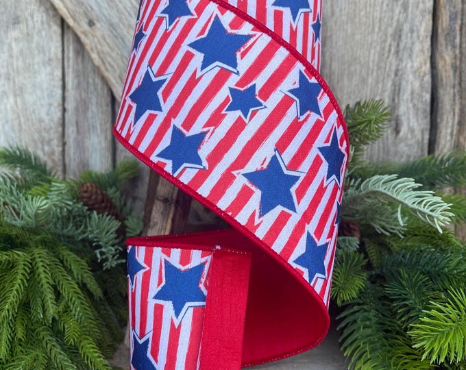 4" Patriotic Ribbon, Patriotic Wired Ribbon, Stars & Stripes Ribbon, 4th of July ribbon, Americana Decor, D Stevens RIbbon, 05-1583