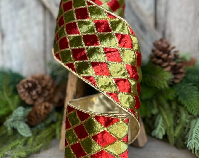 4" Red and Green Harlequin Velvet Ribbon, Christmas Ribbon, Harlequin Ribbon, Red Green Ribbon, Wired RIbbon, Designer Ribbon